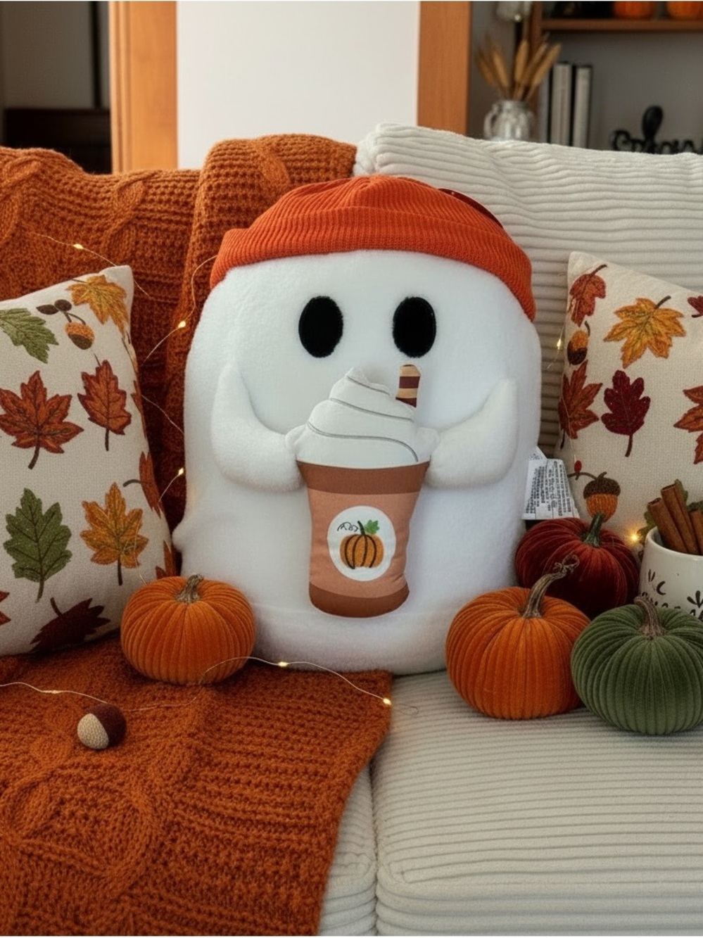 Sherpa Ghost in Beanie Pillow with Pumpkin Spice Latte 16” NEW Plush